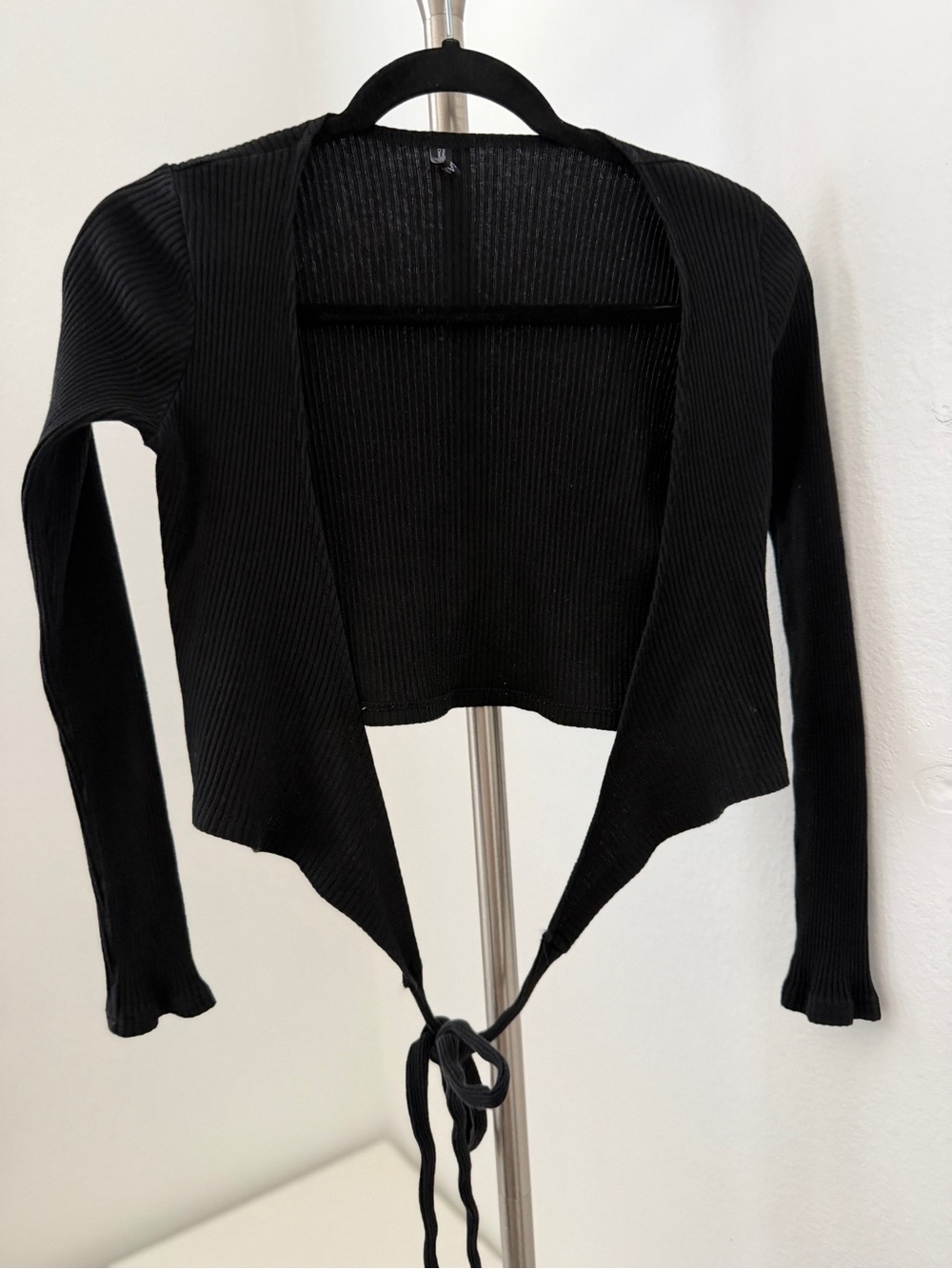 Women's Black Tie-Front Ribbed Cardigan